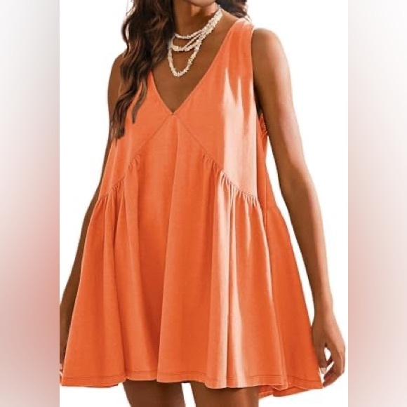 Dresses & Skirts - Orange Summer Sleeveless Mini Dress Casual Loose V Neck Sundress with Pockets